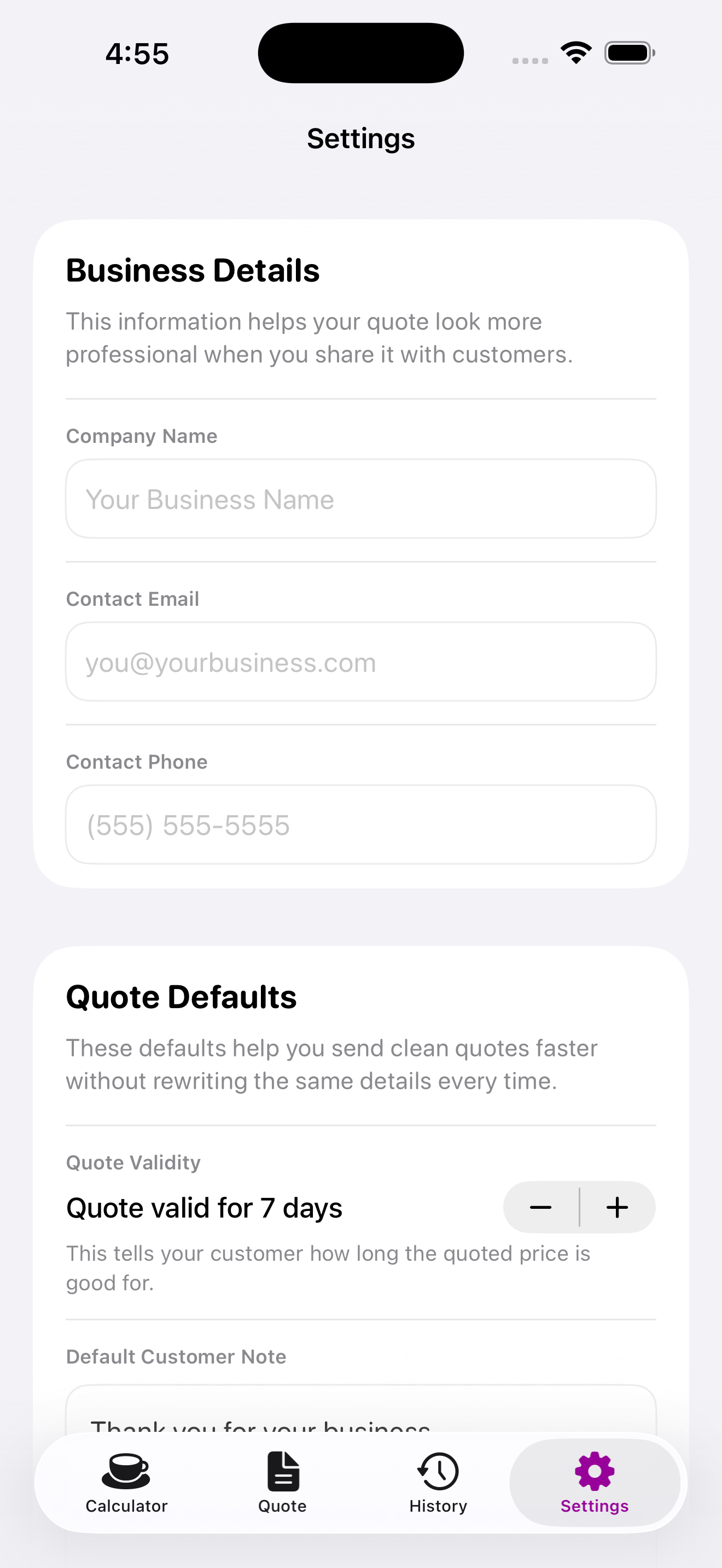 BatterProfit settings screen